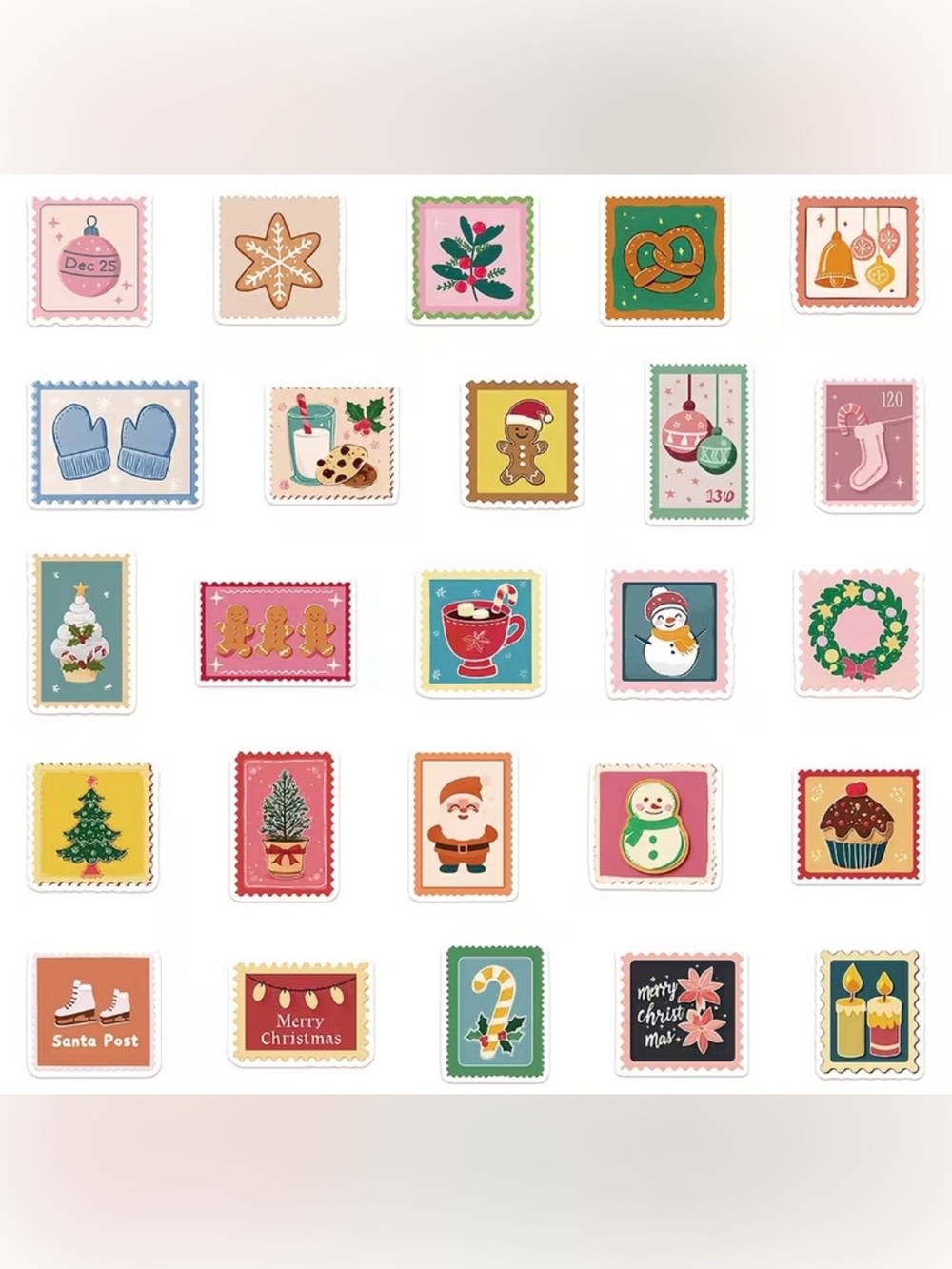 50 Christmas Iridescent Stickers Stamp Style Trees Reindeer Gingerbread Snowman - Picture 3 of 16